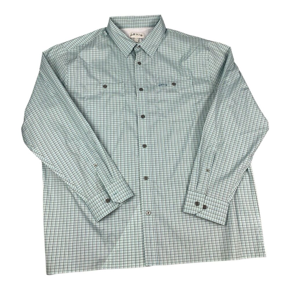 Orvis Long Sleeve Button Up Vented Shirt Fishing Green Check Men’s Size 2XL